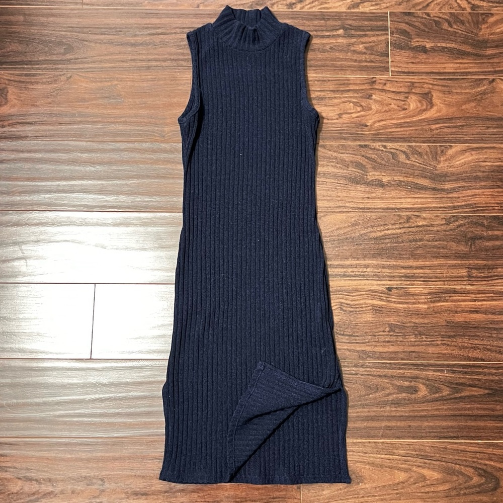Navy Blue Midi Turtleneck Dress with Leg Slit